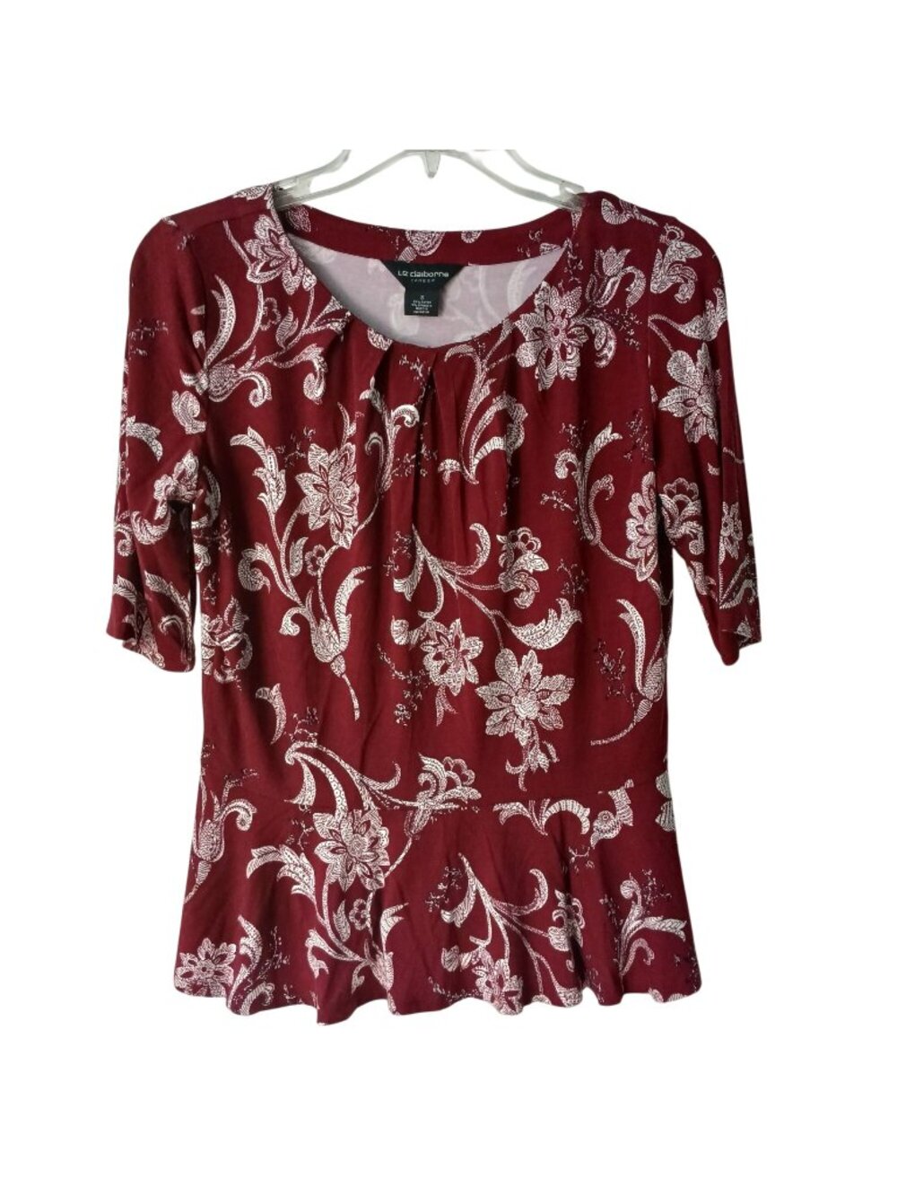 Liz Claiborne Womens Sz S Red Floral Peplum Top Rayon Spandex Career Blouse I-11 - Picture 1 of 8